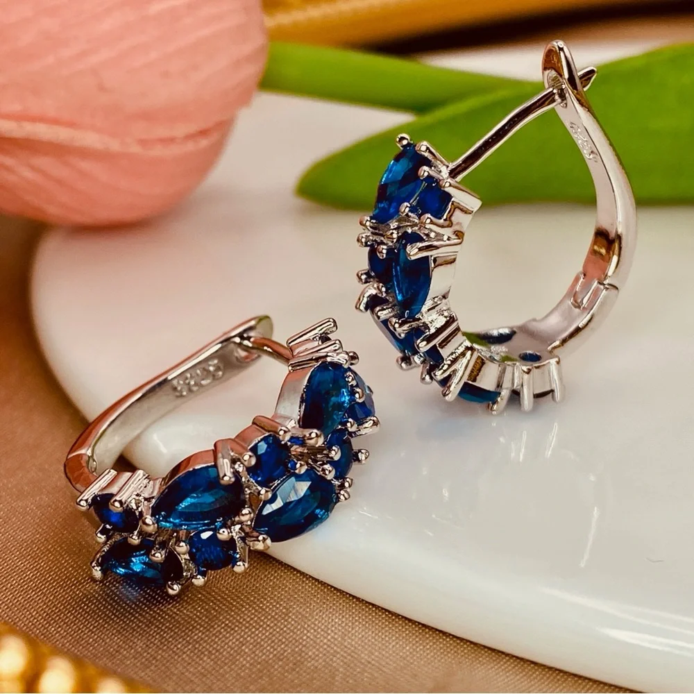 Gorgeous Royal Blue Diamond CZ Hoop Earrings in Sterling Silver - Picture 4 of 9
